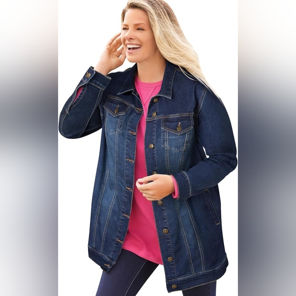 Woman Within Plus Size Long Stretch Denim Jacket Oversized Jean Jacket Like New